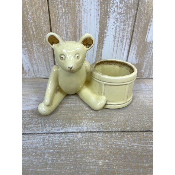 Vintage Haeger Pottery Yellow Teddy Bear & Drum Planter w/Gold Highlights - Picture 2 of 10
